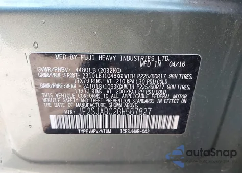 2016 Subaru Forester 2.5I из США, поврежденный, VIN JF2SJABC2GH567827